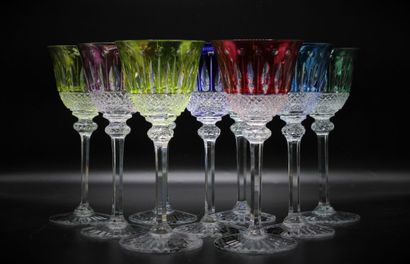 null SAINT LOUIS. Model "Tommy". Set of nine colored cut crystal glasses, stamped...
