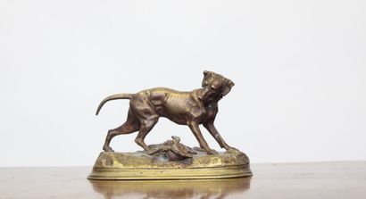 null Jules MOIGNIEZ (1835 - 1994), After. 
Hunting dog in bronze, signed on the terrace....