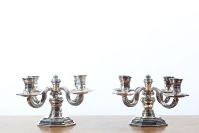 null GALLIA. Pair of candelabras with four lights, in silver plated metal. Marked...