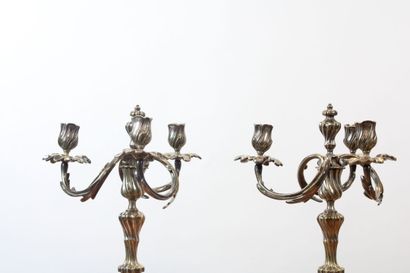 null Pair of candelabra in silver plated metal with three arms of light decorated...