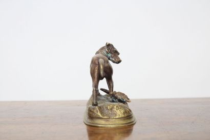 null Jules MOIGNIEZ (1835 - 1994), After. 
Hunting dog in bronze, signed on the terrace....