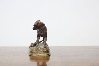 null Jules MOIGNIEZ (1835 - 1994), D'après. 
Chien de chasse en bronze, signé sur...