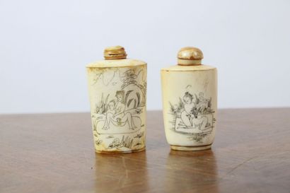 null CHINA. Meeting of two bone snuffboxes decorated with engraved erotic scenes....