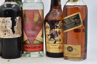 Réunion de 9 bouteilles comprenant : 1 bottle Old Scotch Whisky Johnnie Walker "Black...