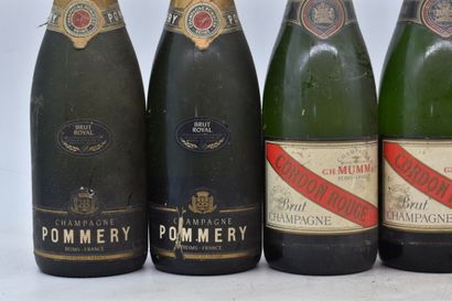Réunion de 6 bouteilles de Champagne comprenant : 3 bouteilles anciennes Champagne...