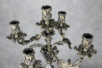 null Paire de candélabres de style Louis XV à cinq bras de lumière en bronze argenté,...