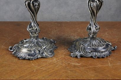 null Pair of Louis XV style candelabras with five silvered bronze arms of light,...
