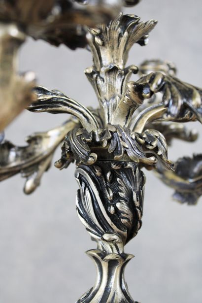 null Pair of Louis XV style candelabras with five silvered bronze arms of light,...