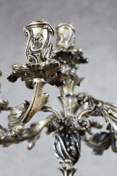 null Pair of Louis XV style candelabras with five silvered bronze arms of light,...