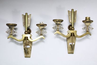  André Arbus (in the taste of) Pair of small ormolu and glass sconces with two lights.... Gazette Drouot