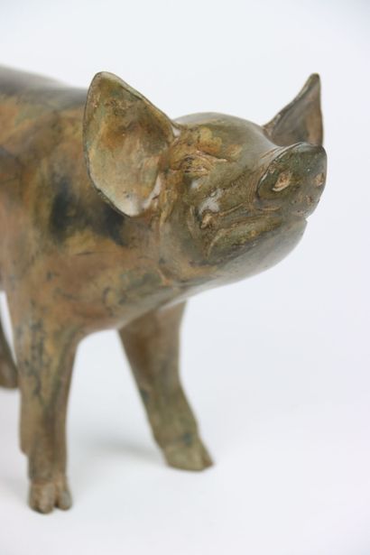 null CHENET Pierre (XXth century), Pig with its head raised, bronze signed. Length...
