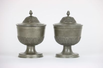 null LAUSANNE - Pair of pewter sugar bowls on pedestal decorated with friezes of...