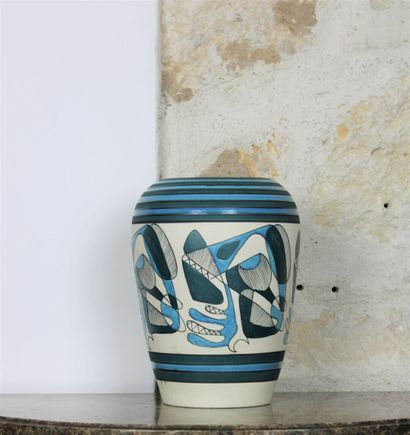 null Ovoid vase with a narrow neck in ceramic decorated with blue monochrome and...
