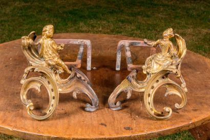 Paire de chenets en bronze doré à décor Rocaille...