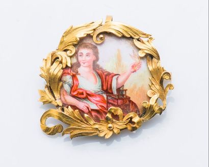 null Broche de forme ronde en or jaune 18 carats (750 millièmes) ornée d’une miniature...