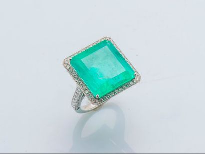 null Platinum (950 thousandths) ring set with a square-cut Colombian emerald of 27.70...