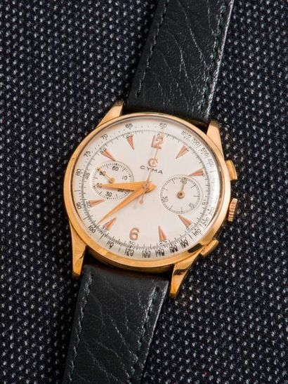 CYMA, vers 1950 Chrnograph wristwatch in 18-carat yellow gold (750 thousandths)....