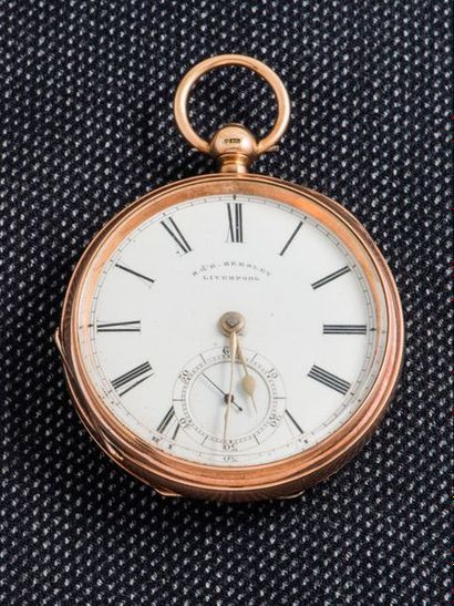R&G BEESLEY Pocket watch in 9-carat pink gold (375 thousandths). The white enamelled...