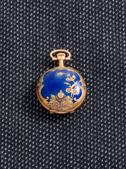 null Three-tone 18-carat (750 thousandths) collar watch, late 19th century. The blue...