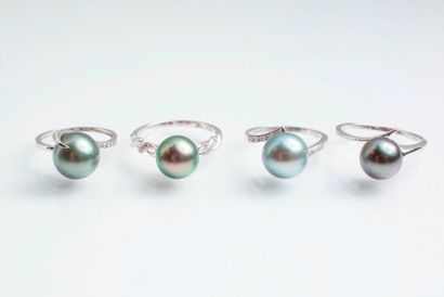 null Set of four 9 carat white gold rings (375 mils) each set with a Tahitian pearl,...