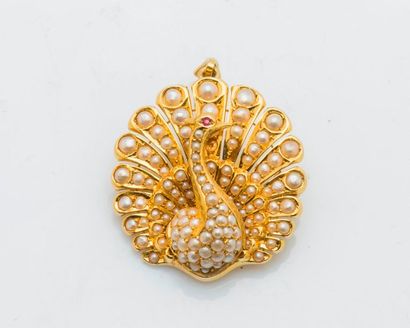 null Peacock pendant brooch in 18 karat yellow gold (750 thousandths) decorated with...
