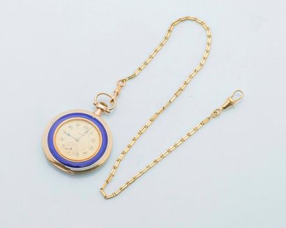 null Pocket watch in 18 carat yellow gold with blue and white enamel, enhanced with...