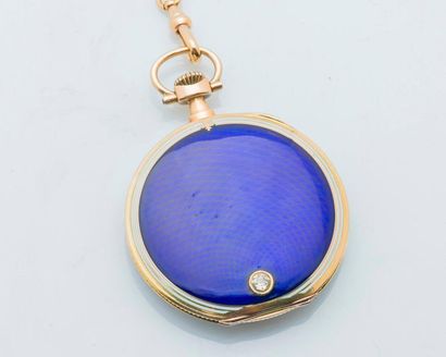 null Pocket watch in 18 carat yellow gold with blue and white enamel, enhanced with...
