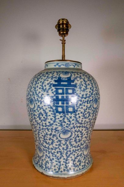 null Lot de deux vases en porcelaine de Chine à décor émaillé blanc bleu, montés...