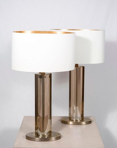 null Pair of lamps in Plexigas and copper plated metal white fabric lampshade (1250...