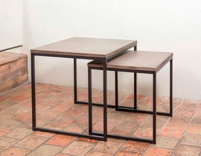 null Two square nesting tables with black lacquered metal legs and concrete top (1279€...