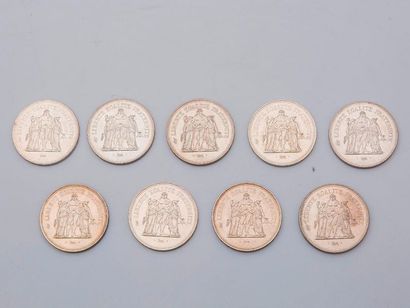 null Lot of nine Hercule 50-franc pieces, in silver, 1977, 1974, 1976. 

Weight:...