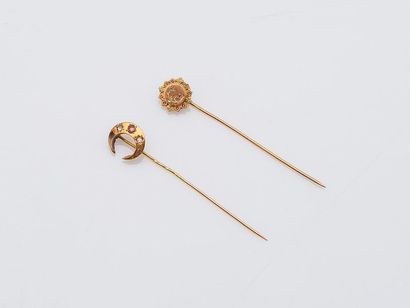 null Lot of two tie pins in 18-carat yellow gold (750 thousandths), one adorned with...