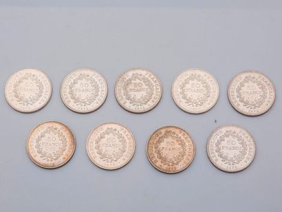 null Lot de neuf pièces de 50 francs Hercule, en argent, 1977, 1974, 1976.

Poids...