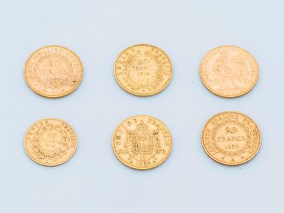 null Lot de cinq pièces de 20 francs or 1878, 1897, 1906, 1855, 1868 et une pièce...