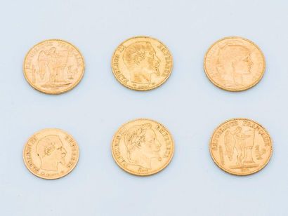 null Lot de cinq pièces de 20 francs or 1878, 1897, 1906, 1855, 1868 et une pièce...