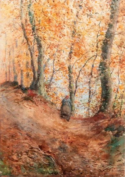 Ecole Moderne Stroll in the autumn forest 

Watercolour on paper, signed "A.Barthe"...