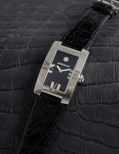 MONTBLANC Montre bracelet en acier, boitier rectangulaire, cadran noir, midi en diamant...