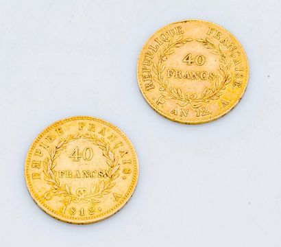 null Lot de 2 pièces de 40 francs or comprenant 1 pièce Napoléon an 12, 1 pièce Napoléon...