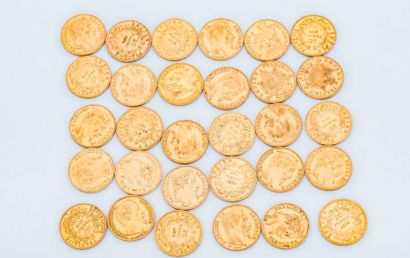 null Lot of 30 pieces of 20 gold francs: comprising 3 coins Louis Napoleon Bonaparte...