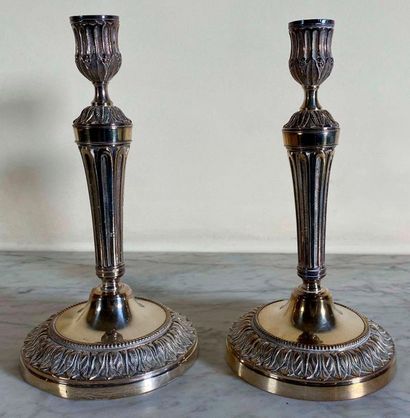 null Pair of silver bronze torches decorated with friezes of palms and strings of...