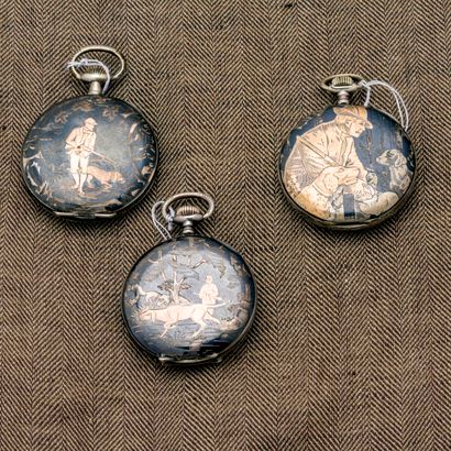 null Set of three niello silver pocket watches on the theme of hunting.

- SPERANZA...
