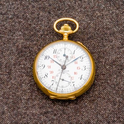 J. AURICOSTE POUR JUST, VERS 1920

Montre de poche chronographe en or jaune 18 carats...