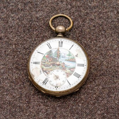 null Pocket watch in silver plated metal with guilloché bottom. The white enamelled...