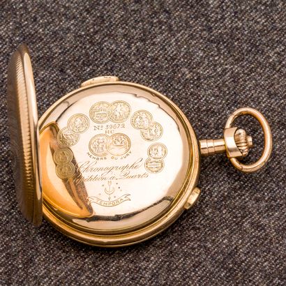 null 
Montre savonnette chronographe à sonnerie en or jaune 14 carats (585 millièmes)...