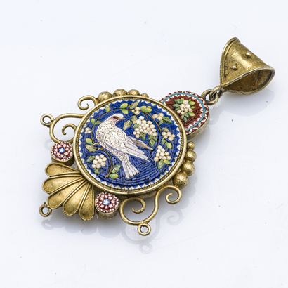 null Metal pendant decorated with a micro-mosaic representing a dove on its flowered...