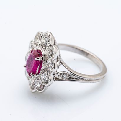 null Bague en or gris 18 carats (750 millièmes) ornée d'un rubis de taille ovale...