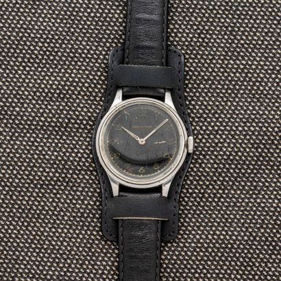 JAEGER LECOULTRE Steel wristwatch, black enamelled dial with railroad and Arabic...