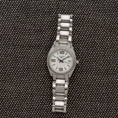 LONGINES - Lungomare Ladies steel bracelet watch with folding clasp. White enamelled...