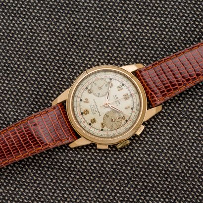 null LEKA, circa 1940 

Chronograph wristwatch in 18-carat yellow gold (750 thousandths)....
