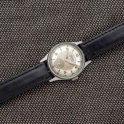Precisa Steel bracelet watch with clip-on back. Silvered railroad dial, applied triangular...